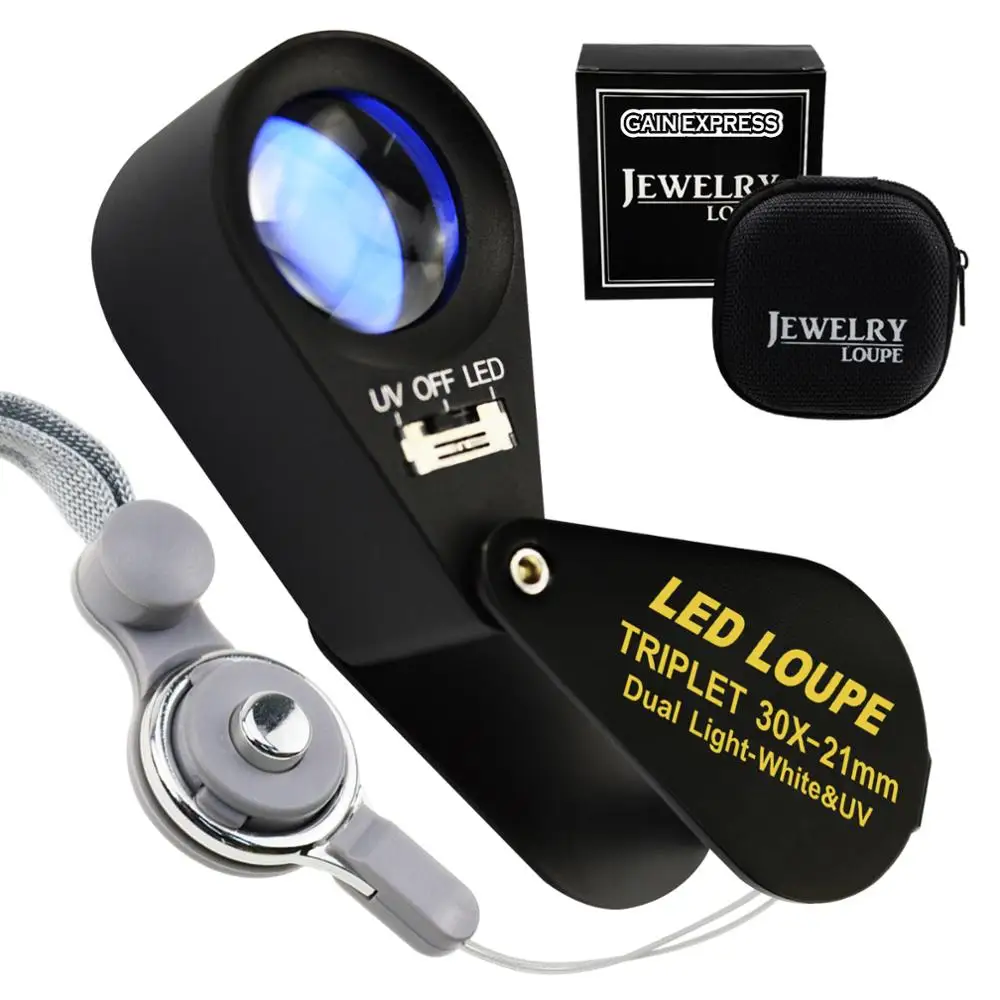 Gem Loupe Magnifiers 30x Magnification Jewelry with UV & 6 LED Light, 21mm Triplet Magnifiers