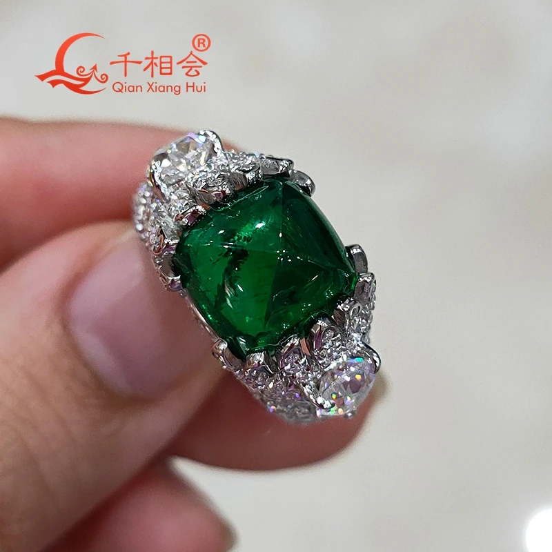 Sugar-loaf angel wings 10mm  925 silver green color emerald ring Created Hydrothermal Emerald melee white moissanite  Wedding