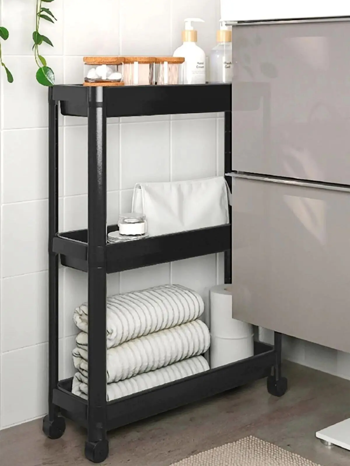 

Lux 3 Tiers Black Bathroom Kitchen Organizer with 3 Tiers Wheeled Shelves Height: 71 Cm Width 54 Cm Depth 18 Cm Made In Turkey