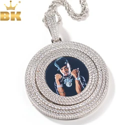 THE BLING KING Spinning Photo Pendant Necklace Full Iced Out Cubic Zirconia Custom Memory Chain Engraved Name Hiphop Jewelry
