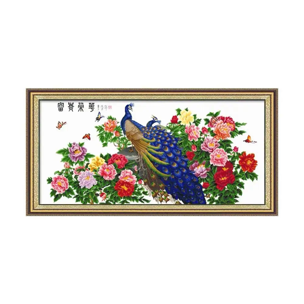 Peonies in Full Bloom Beautiful Floral Landscape Koi Fish and Peacocks Butterflies Stamped Cross Stitch Kit