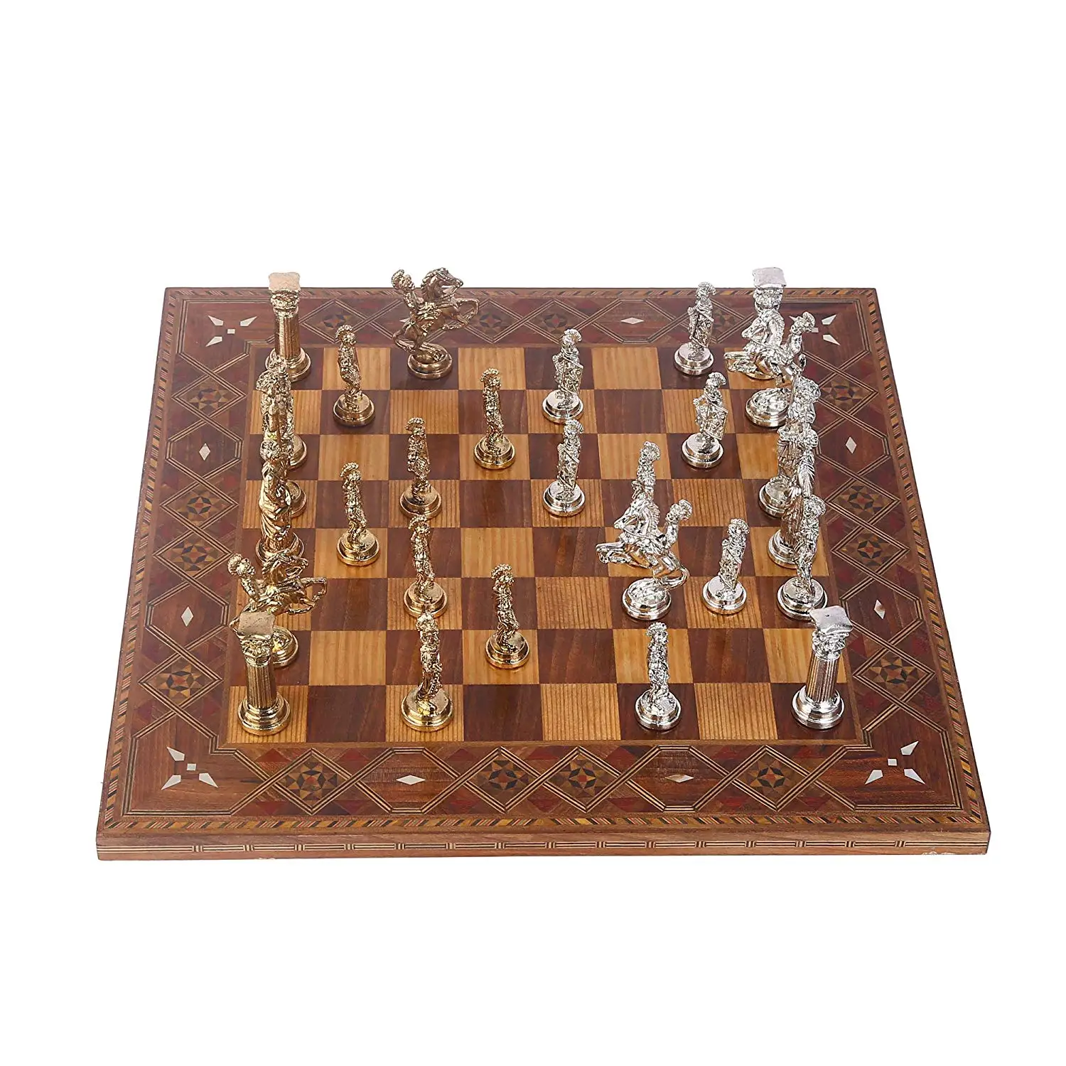 Rome Figures Metal Chess Set,Handmade Pieces,Natural Solid Wooden Chess Board with Original Pearl Around Board King 10cm