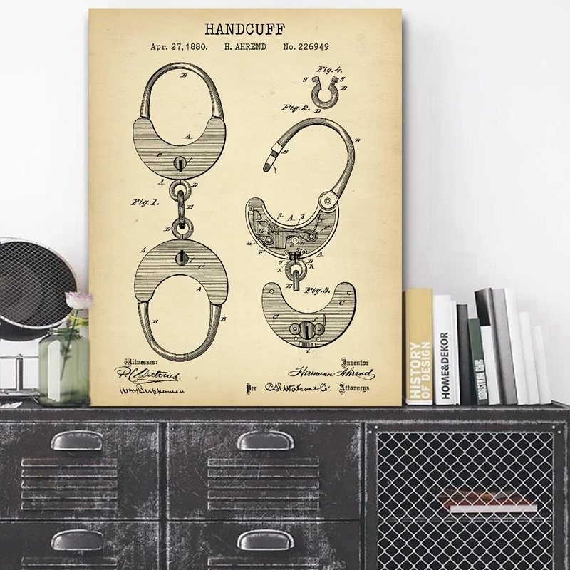 أصفاد يدوية ملصق مخططات فنية لوحة شرطة ديكور أصفاد 1880 براءة اختراع عتيقة قماش يطبع هدايا شرطي