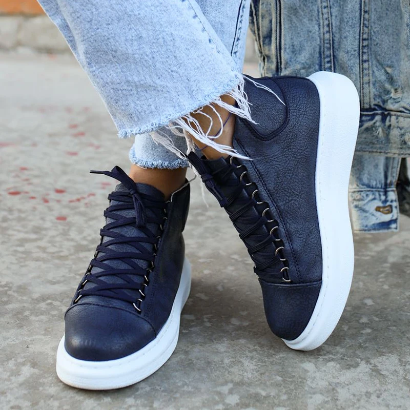 Chekich Women's and Men's Shoes Navy Blue Artificial Leather Winter Fall Seasons Lace Up Sneakers Comfortable Ankle Ladies & Gentlemens Fashion Boots Flexible Footwear Flat Wedding New Travel Plus Sizes CH258 Women V6