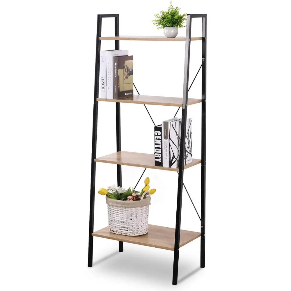 4-Tier Ladder Bookshelf 60*35*148cm Shelving Unit Wood Bookcase Frame Storage for Living Room Bedroom Kitchen Dining Room