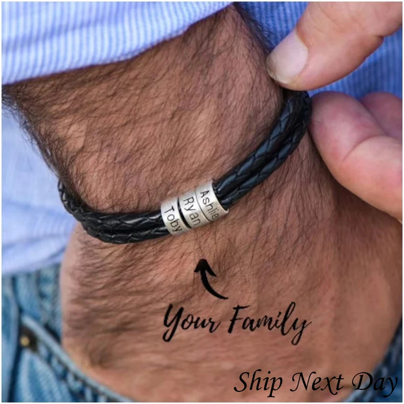 Custom Men's Leather Bracelet with Name Charms