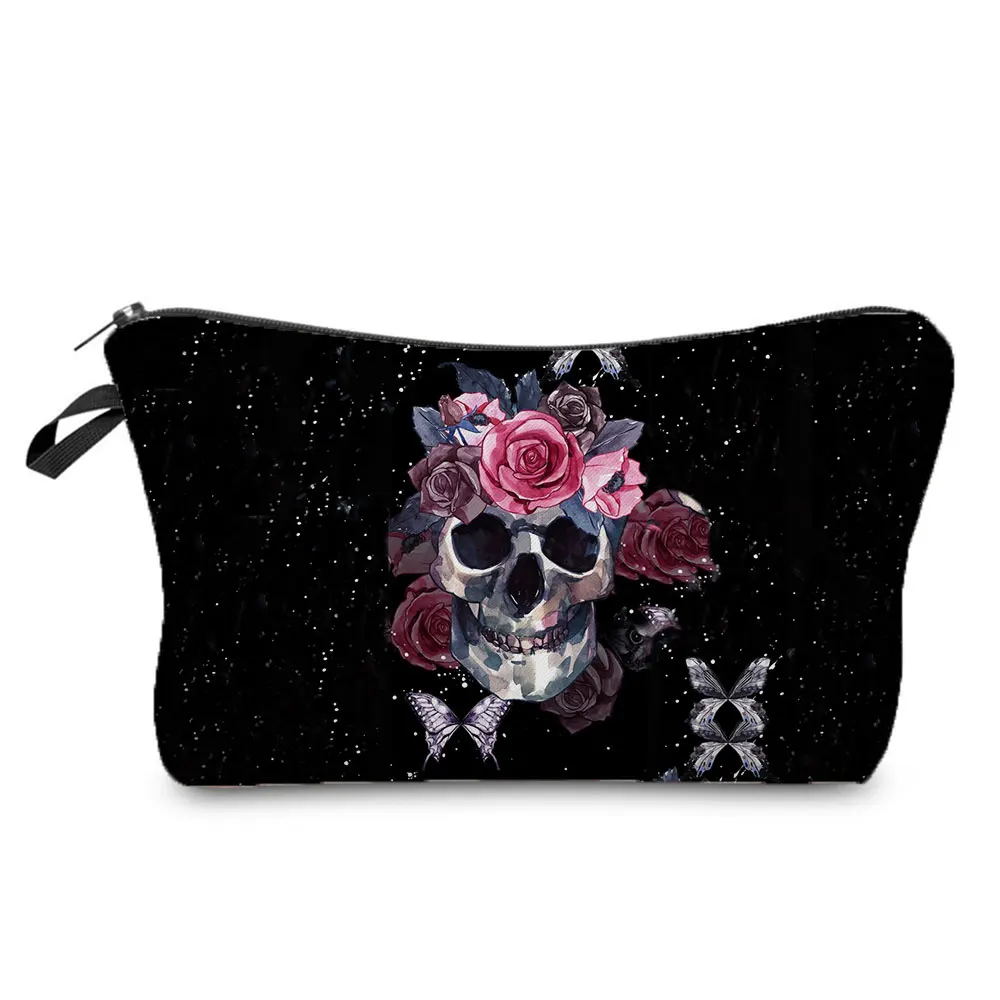 New Trend Hot Sale Cosmetic Bag Skull Floral Print Black Organizer Female Halloween Gift Candy Bag Cool Style Fashion Coin Purse