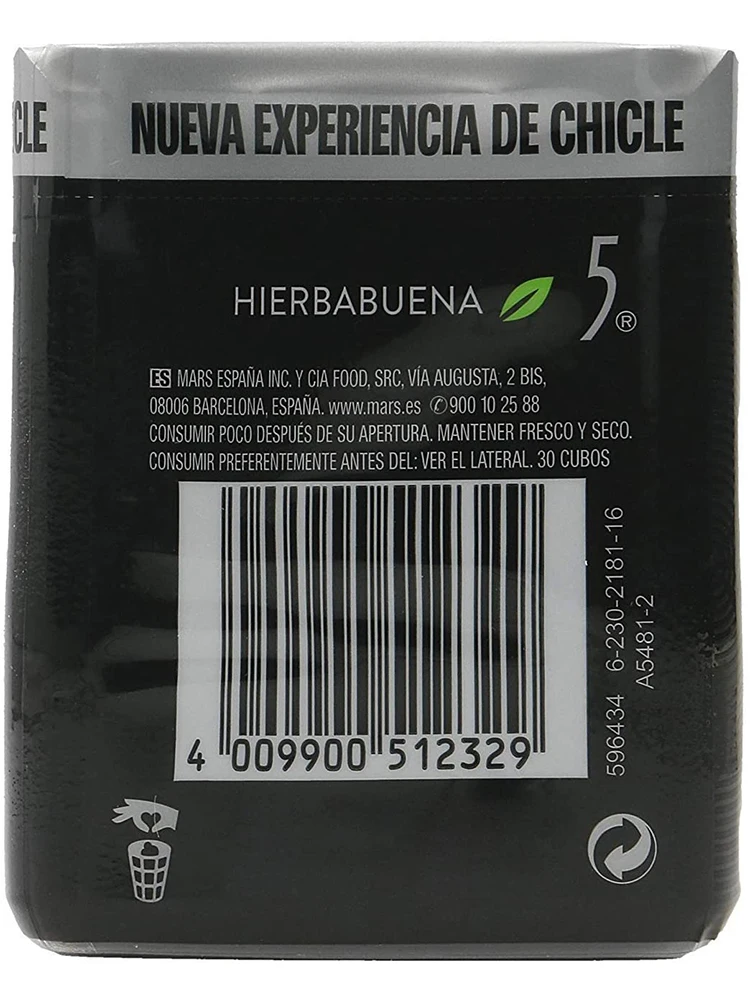 Wrigley\'s Five Electro sugar-free chicle pot peppermint flavor in gragea/Cube format (6 pack X 30 cubes)