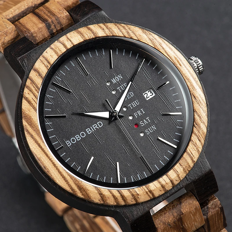 BOBO BIRD-reloj analógico de madera para hombre, accesorio de pulsera de cuarzo resistente al agua con calendario semanal, complemento masculino de