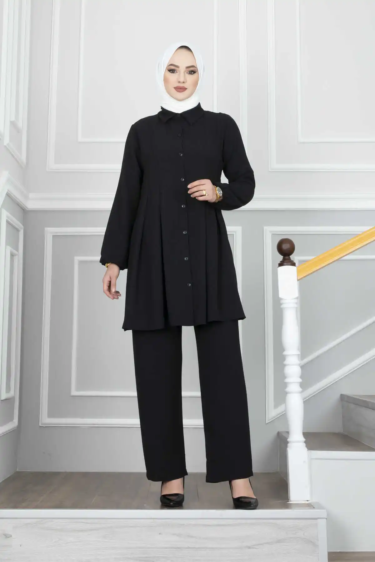 Hijab plisado para mujer, traje doble de Ramadán, vestido musulmán turco Abaya de Dubai, conjunto de ropa islámica de caftán, 2 piezas Ramadán Eid