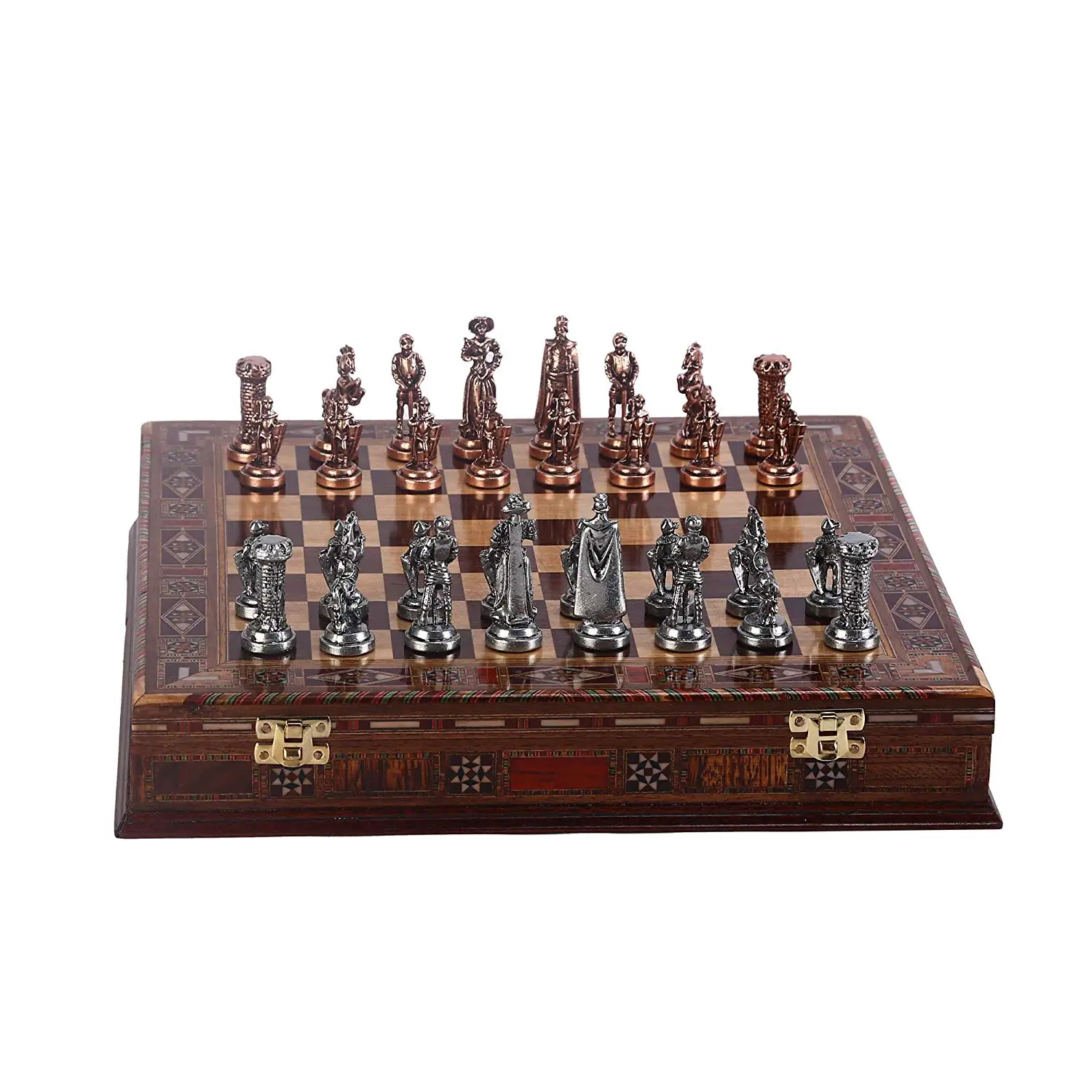 Medieval British Army Antique Copper Metal Chess Set,Handmade Pieces,Natural Solid Wooden Chess Board,Storage Inside King 7 cm