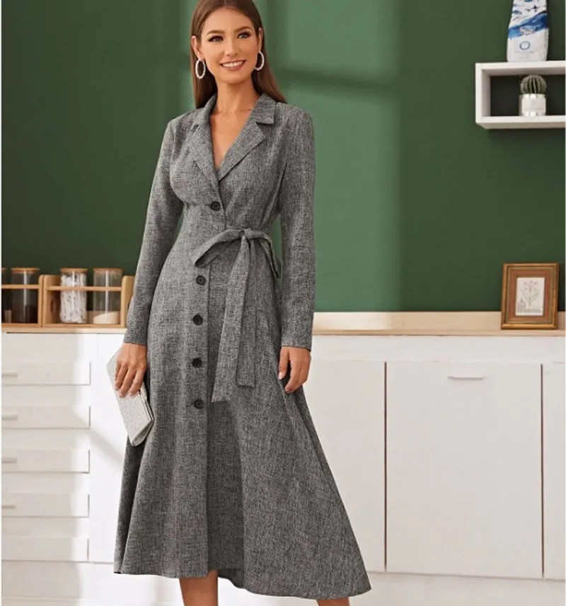 

New Single Breasted Designer Women Gray Dress Long Sleeve Notched Collar A-Line Dresses 4298