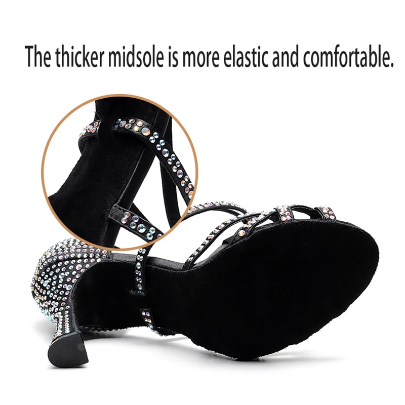 Woman Crystal Ballroom Latin Dance Shoes Women Black Suede Sole Performance Dance Shoes Suede Sole 3.5 Heel Girls Latino Shoes