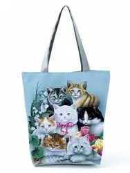 Hipster Cute Cat Family Printed Women's Shoulder Bag Lazy Style Practical Handbag Foldable Large Female Polyester Shopping Bags