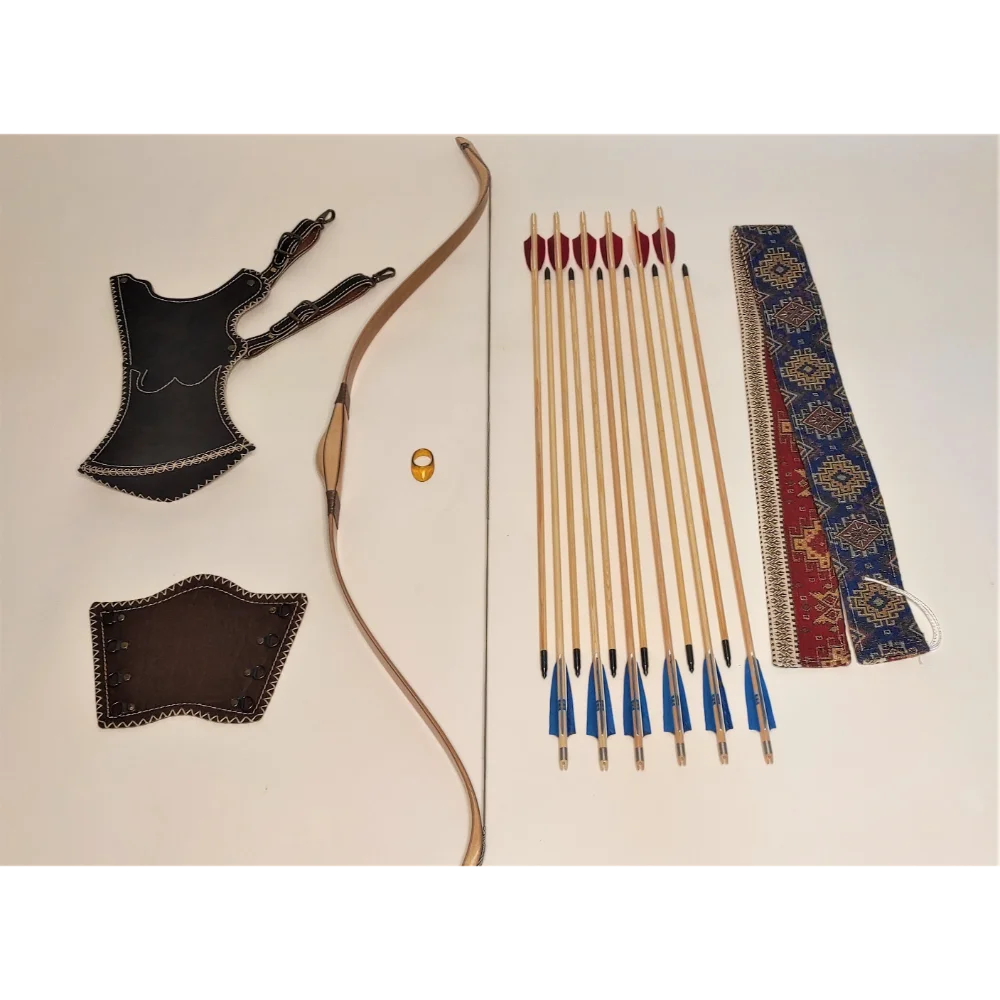 

TURKISH OTTOMAN STYLE ARCHERY BOW SET 30-45 lbs TRADITIONAL LAMINATED WOODEN BOW - 12 Pcs ARROWS - QUIVER - ARMGURAD - THUMBRING