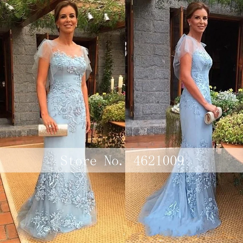 Vestido de noche azul claro para madre, vestido elegante de talla grande para madre de la novia, Apliques de encaje, vestidos de tul para madre para boda