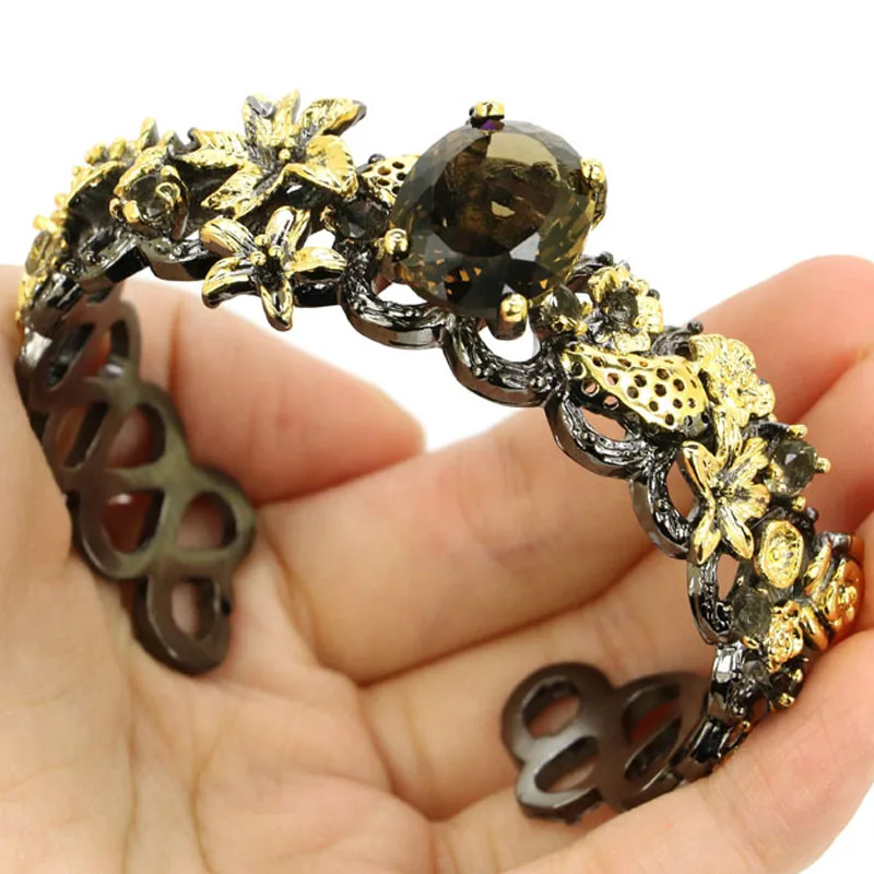 

Buy 5 Get 1 Free 73x23mm Big 53g London Blue Topaz Smokey Topaz Violet Tanzanite Black Gold Cuff Bangle Silver Bracelet 7.5inch