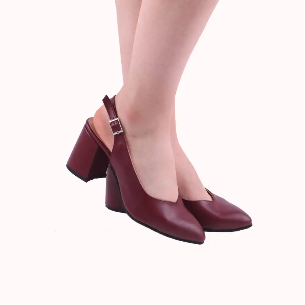 Burgundy Faux Leather Ankle Strap Women Sandals Pointed Toe Heels for Women Thick Heel Pumps for Women 7 cm Heels Ladies Pumps