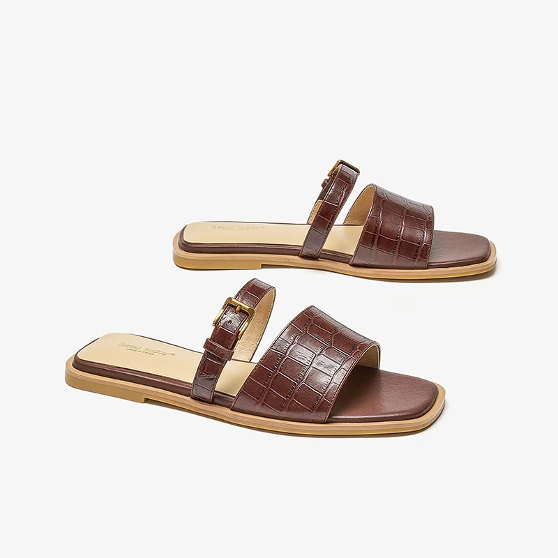 BeauToday Flats Slippers Women Buckle Strap Genuine Cow Leather Square Open Toe Slides Casual Outdoor Summer Female Shoes 36234