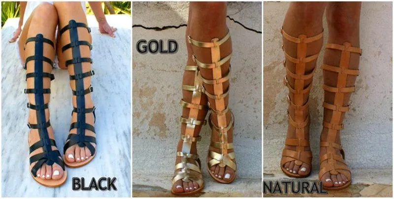 New Roman T Strap Gladiator Knee High Sandals Black Buckle Strap Flat Sandals Boots Summer Beach Casual Flat Shoes Woman 2020