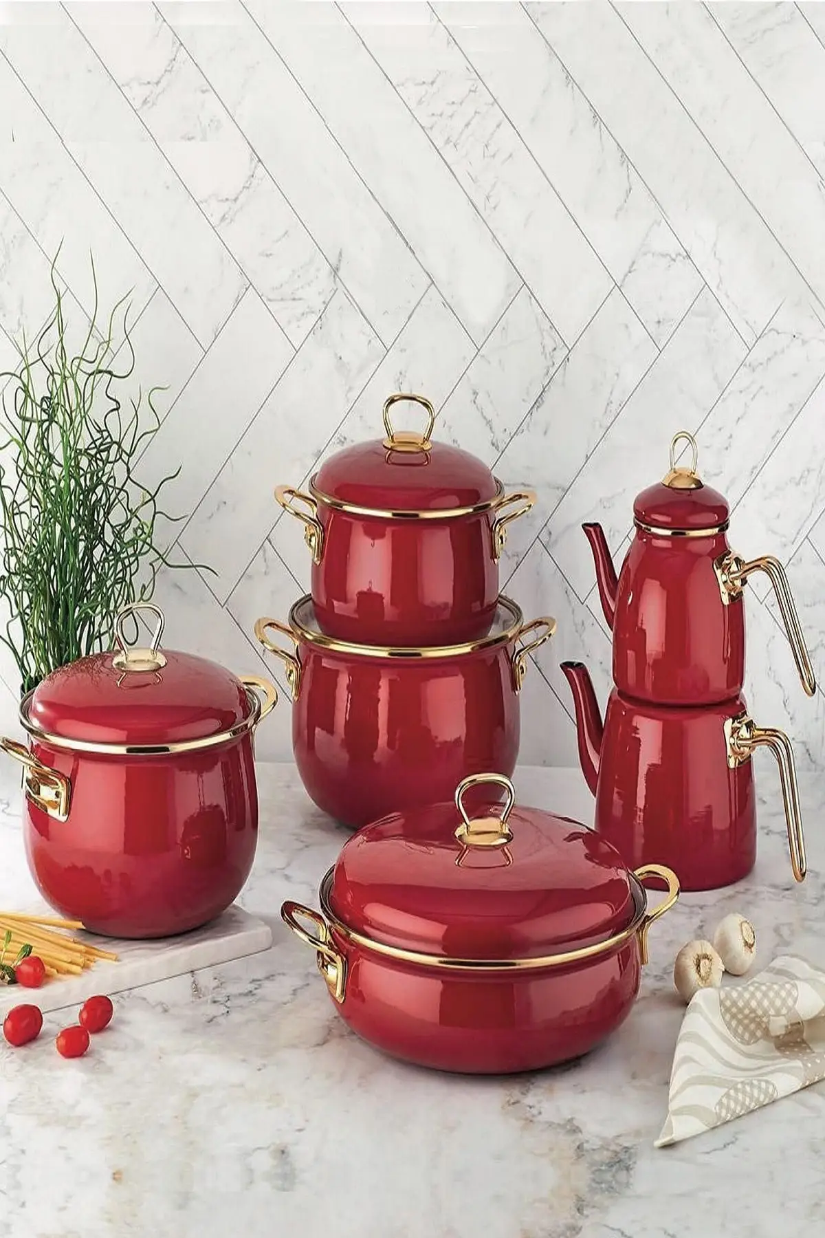 Bayev 11 Prç. Çaydanlıklı Cookware Set-Red Enamel Pots Healthy Retro Nostalgic Kitchen Series