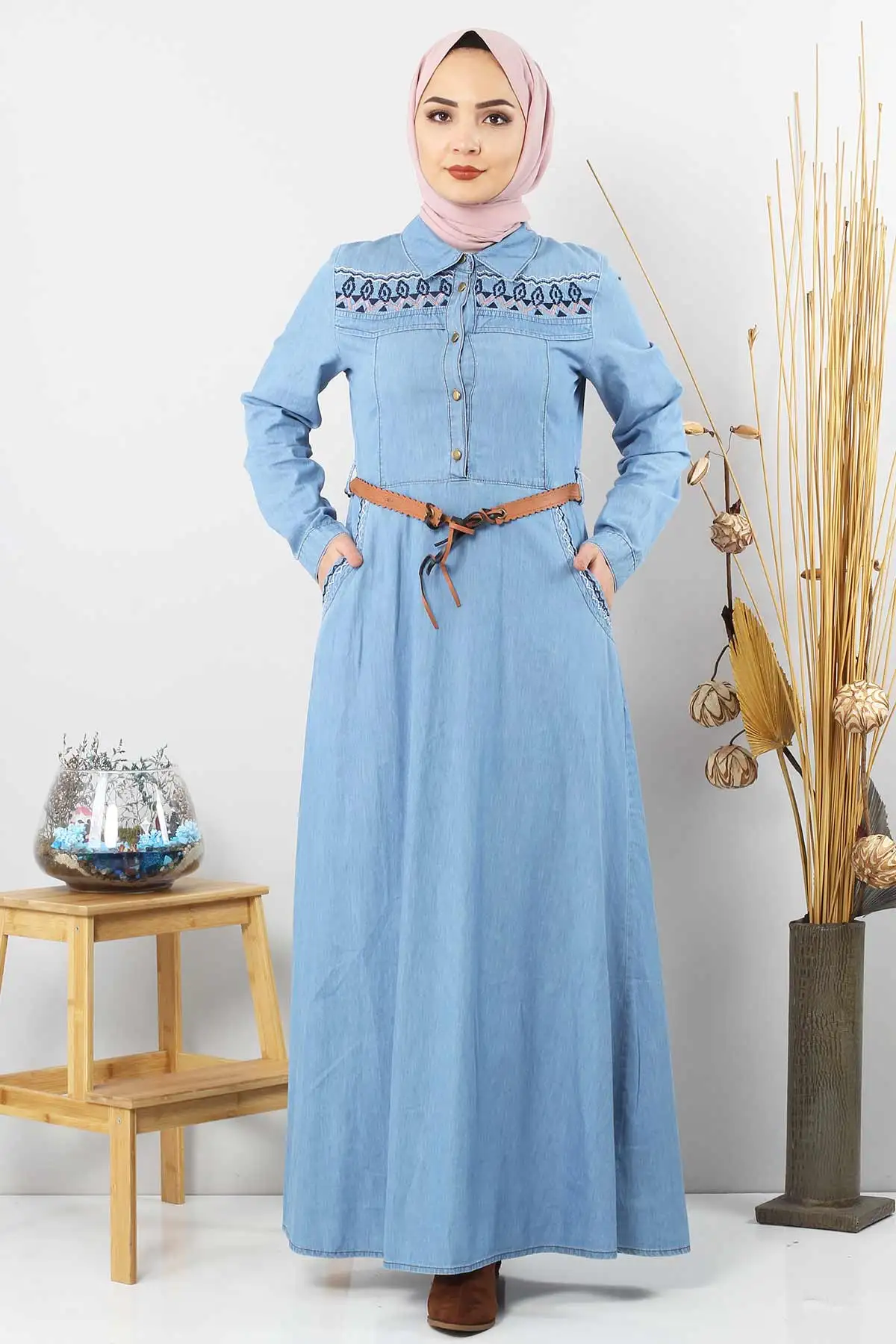 Dark Hole Button Arched Handle Denim Dress Dark Blue muslim long dress for women Dubai turkish Arched Jeans Dress TSD6146 Outdoor blue