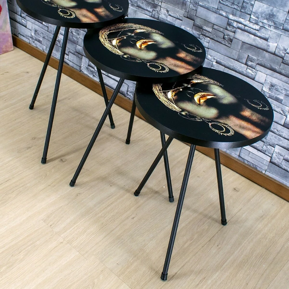 Nesting Table 3 Pieces Metal or Wood Leg Side Table Tea Coffee Service Table Round Living Room Commode, Woman Figured Table