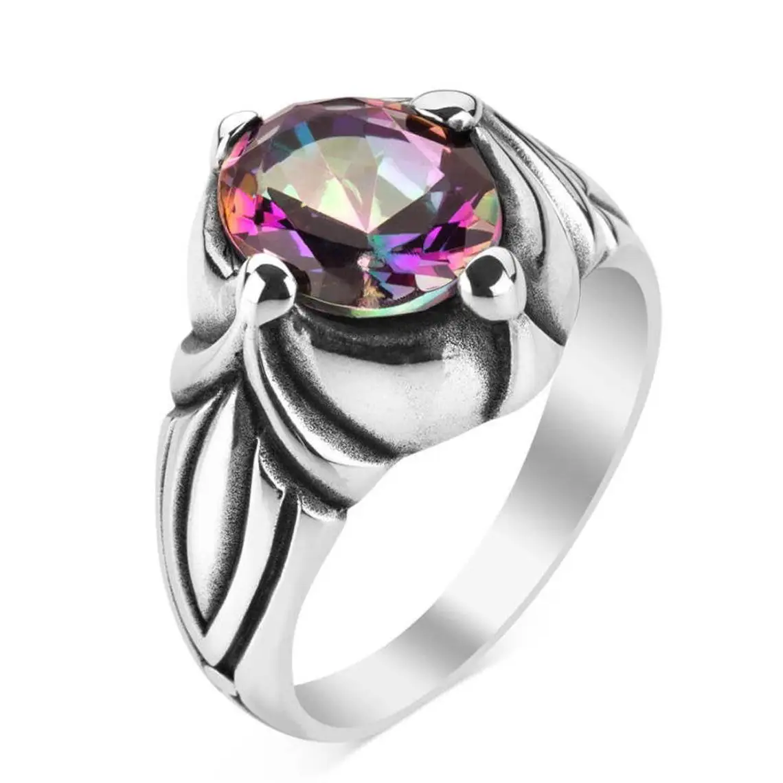 

Mystic Topaz Stone Ring, Solid 925 Sterling Silver Ring, Designer Oval Men Ring New Authentic Sterling Silver Antique Turkish