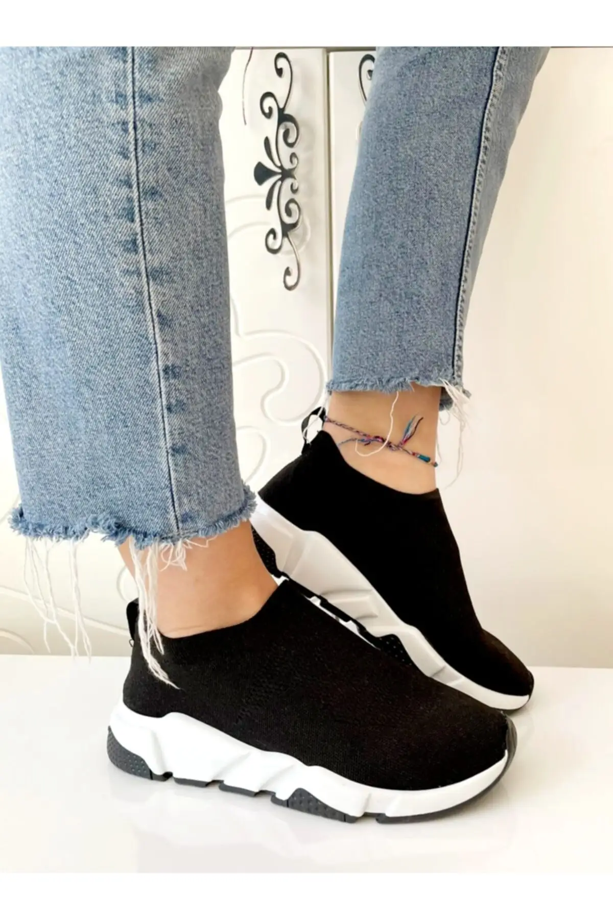 Women's Black Knitwear Stretch Socks Shoes