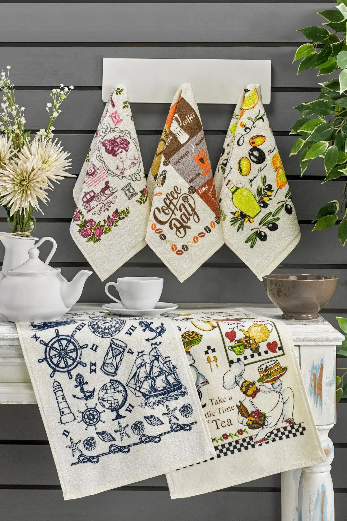 Turkish 5 Pieces Printed Kitchen and Bathroom Face Towel Set, 40x60cm, Pure Cotton, Vibrant Colour, Non-Fading, Highly Absorbent