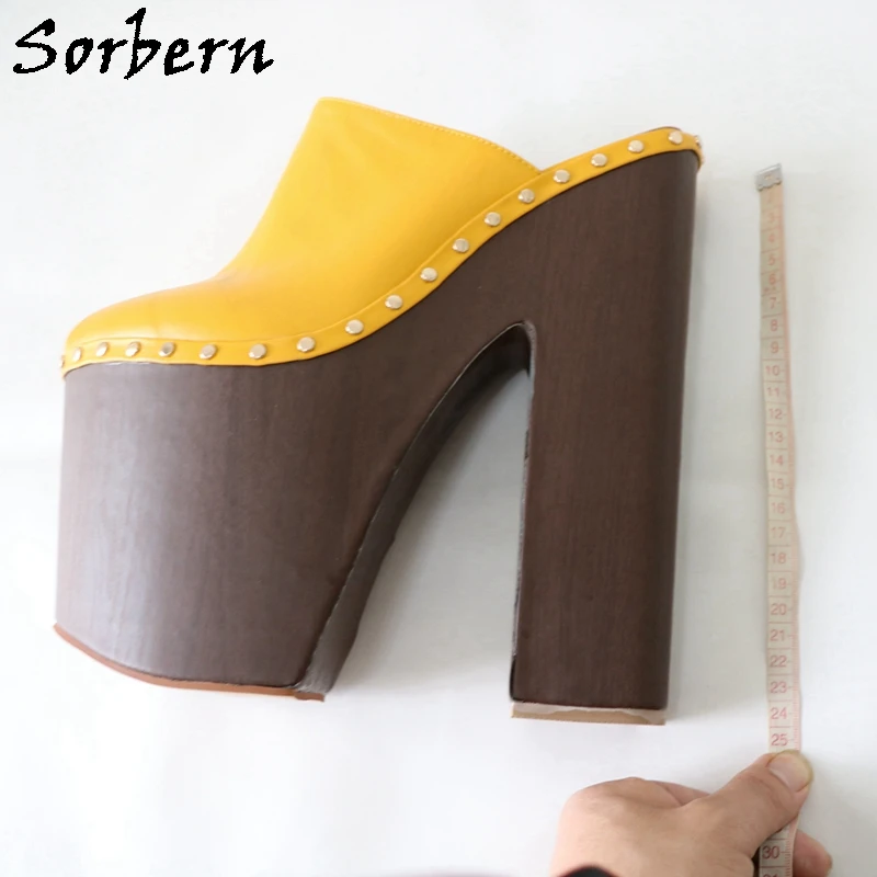 Sorbern Ginger Yellow Pump Shoes 24cm Women Mules Rivet Punk Clogs Block Wooden Style Wide Heels Unisex Shoe Thick Platform