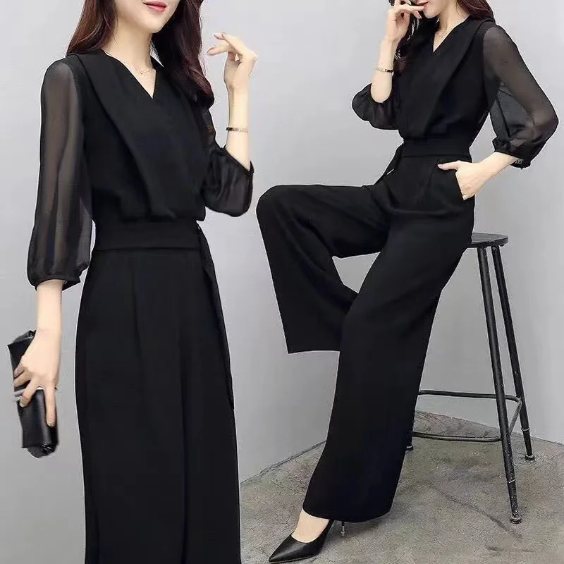 

2023 Summer New Women's High Waist Jumpsuit Black Slim Fit Slim Wide Leg Pants Chiffon Lace Jumpsuit Women