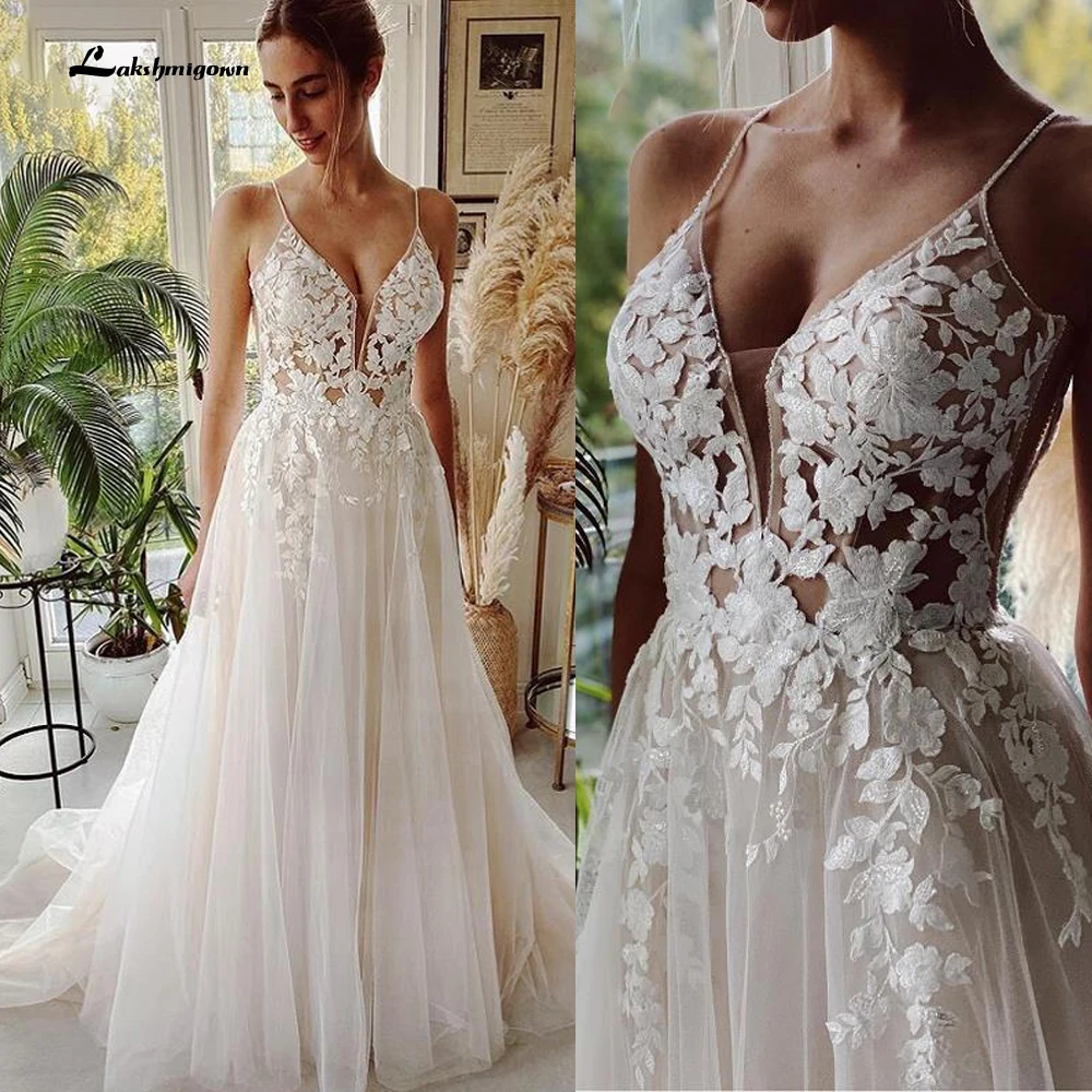 Robe Vintage Beach Wedding Dresses Spaghetti Tulle Long Lace Beach Bridal Gown A-Line Court Train vestido de noiva Lakshmigown