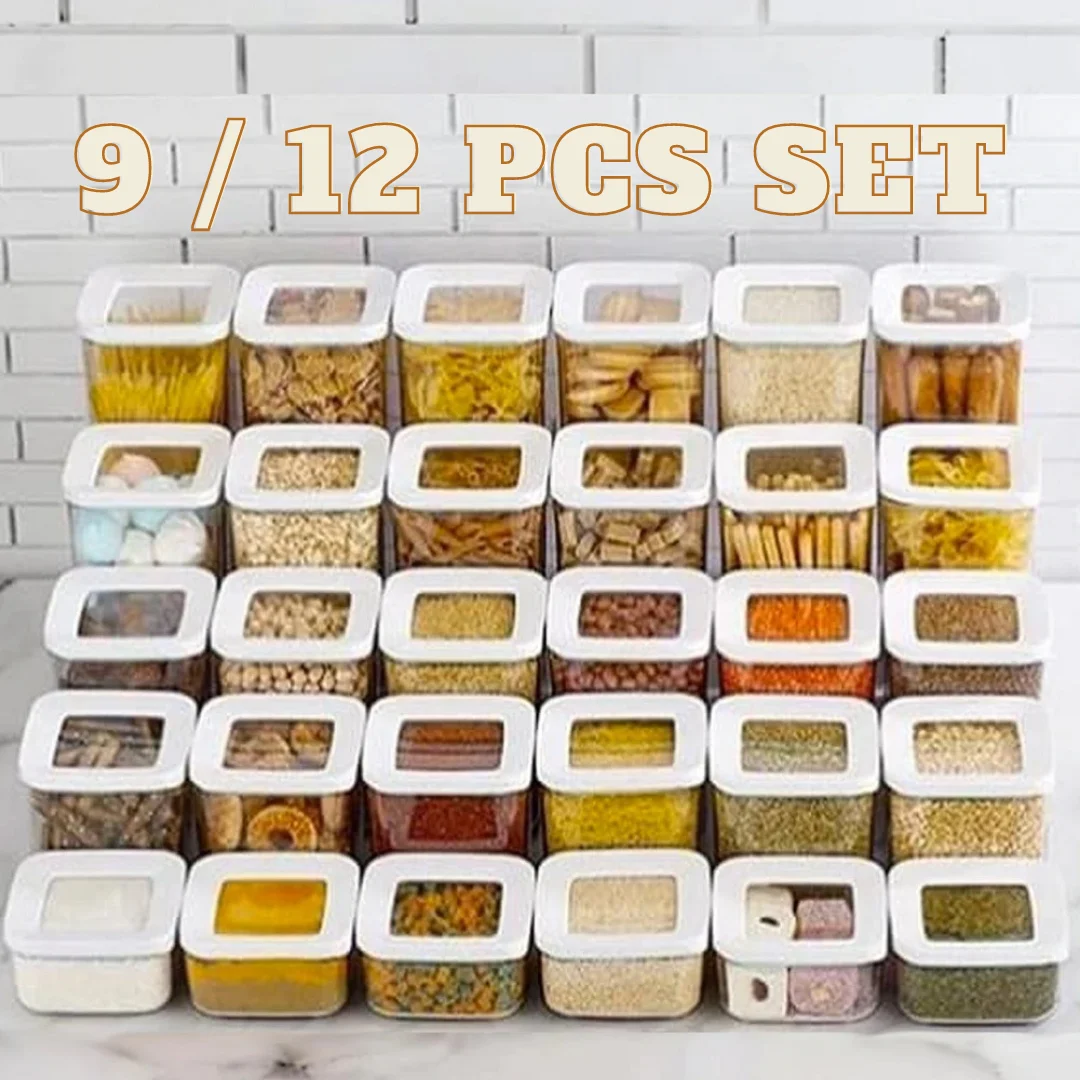 Square Storage Box 9/12 Pcs Kitchen Organizer Food Container Set Vacuum Airtight Food Rice Pasta Tea Sugar Coffee high quality