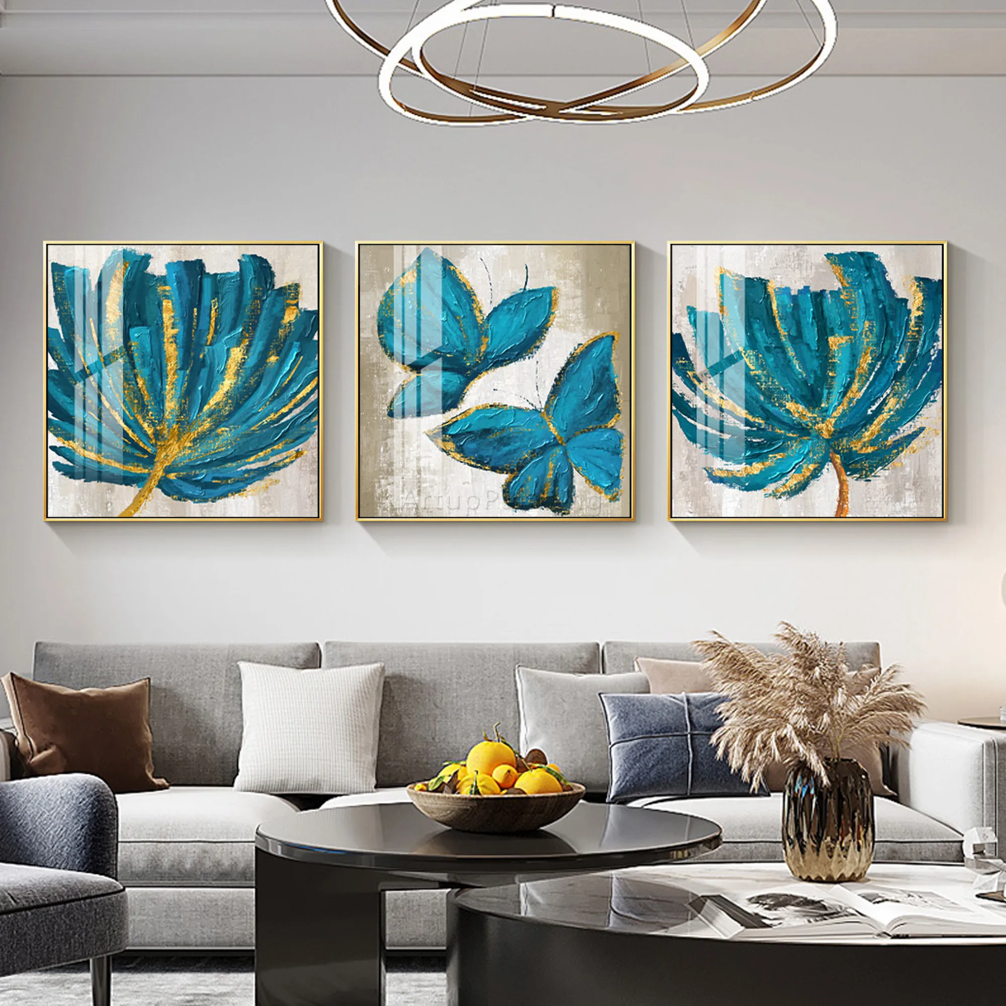 Set of 3 Green Blue Flowers Gold glitter Canvas Painting Modern abstract Large wall art Acrylic Painting living room Home decor