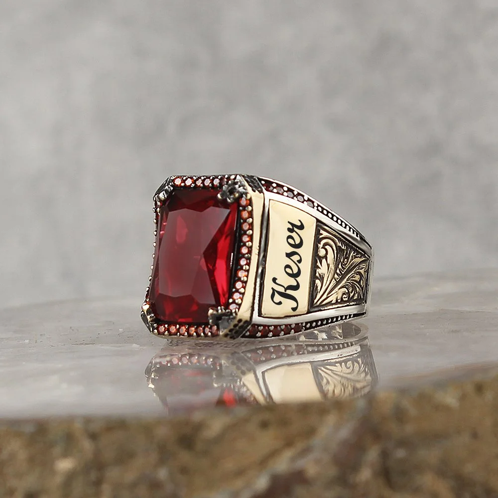 925K Stainless Sterling Ring, Red Zircon Stone With Name Written Personalized Jewelry For Man Handmade Gift Vintage Accessory