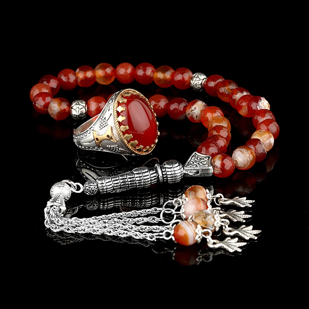 Rosary and 925 Sterling Silver Mens Ring Set with Agate