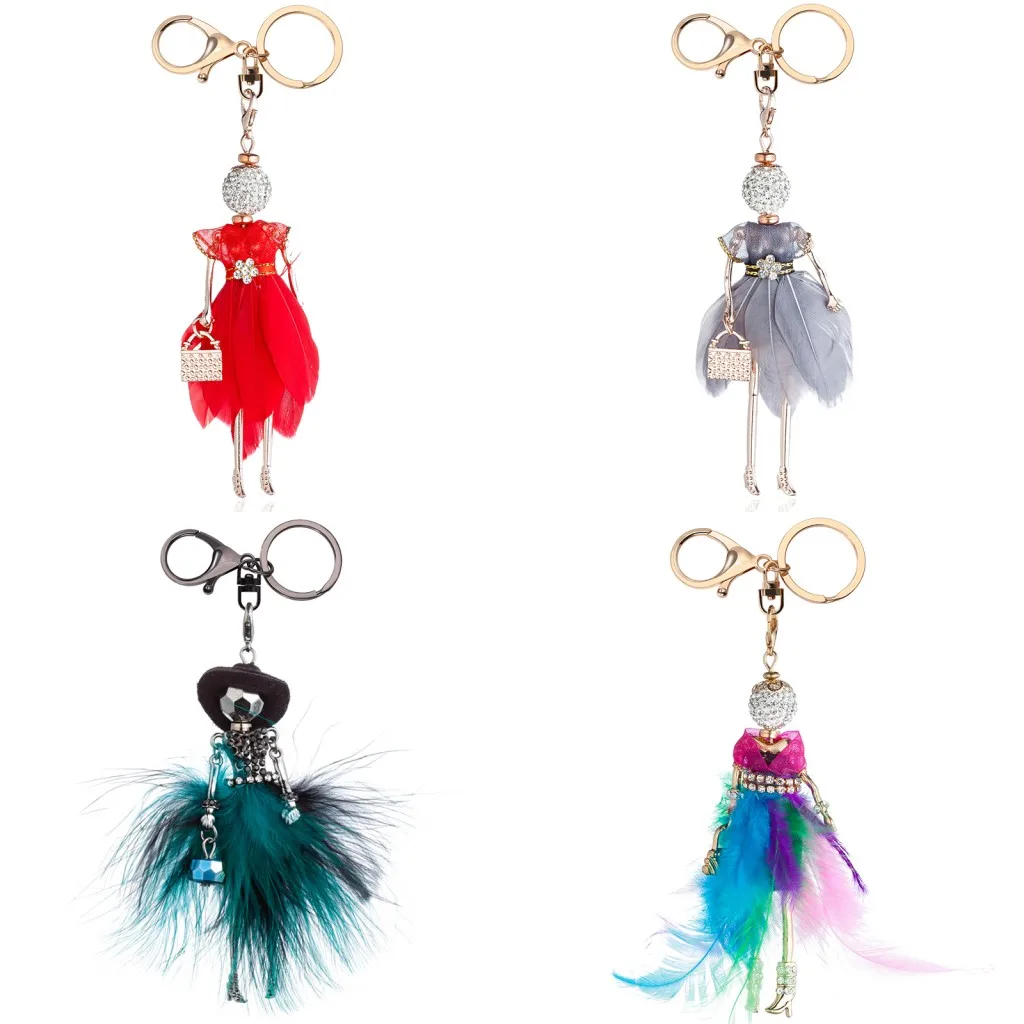 HOCOLE Fashion feather Doll key chain Jewelry Lovely Dress Jewelry Women car key ring pendant Christmas gifts wholesale