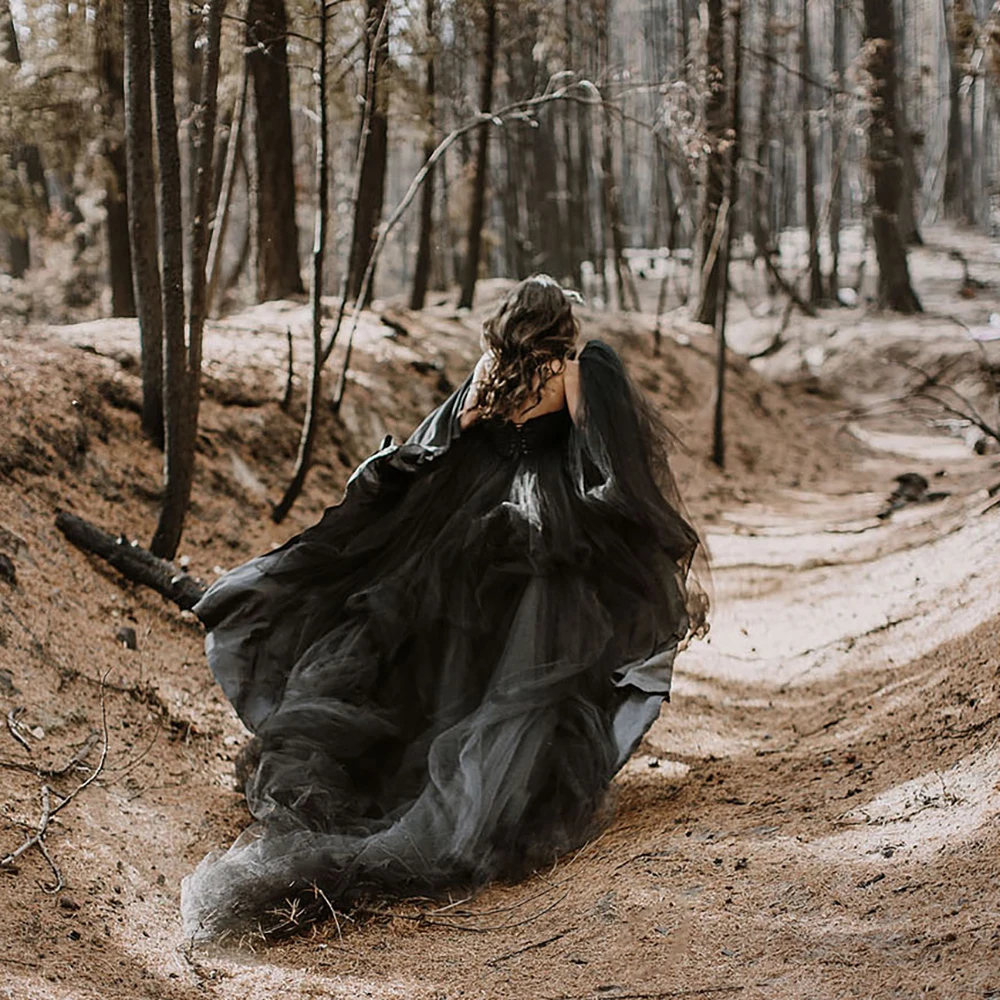 Vestido de novia sin tirantes de tul negro, prenda de novia con cola, cola, Simple, inflable, para fotografía