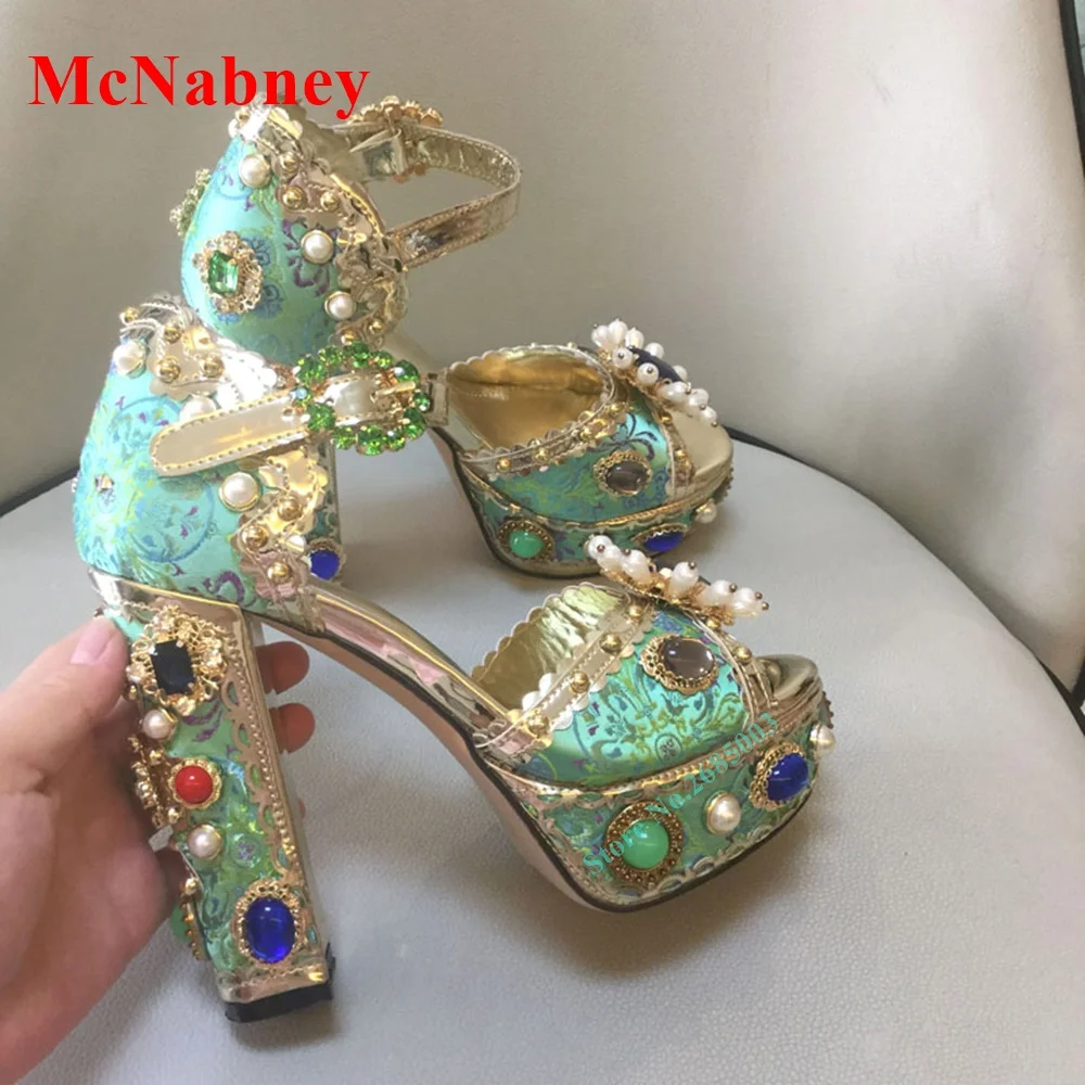 Peep Toe Rhinestone Chunky Heel Sandals Ankle Buckle Straps Platform Crystal Pearl Decor Sandal Women Shoe Summer Party Dress