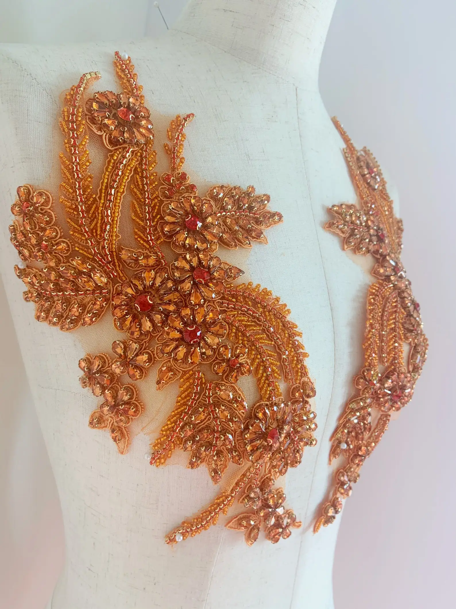 Popular Orange Rhinestone Appliqué, Rhinestones Bodice Applique Sewing Beads Crystal Trim Patches Dress Accessory