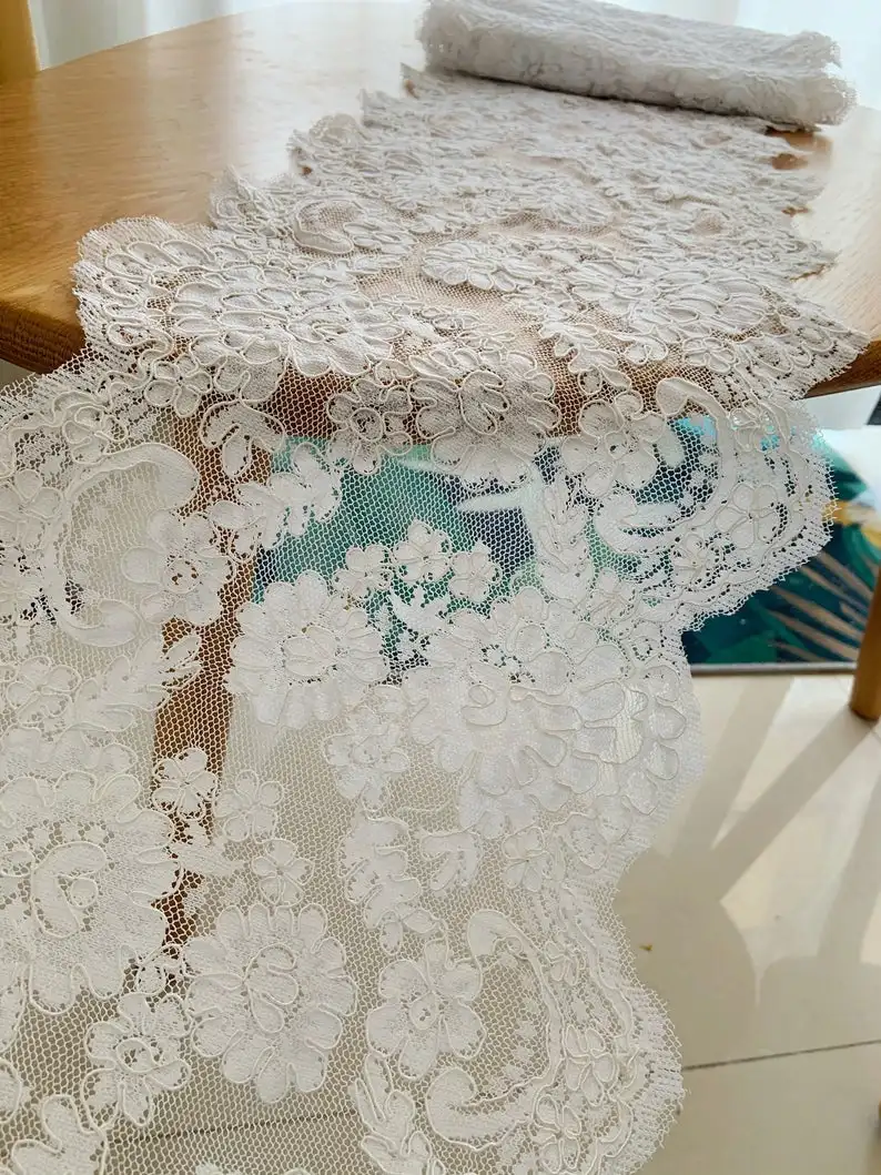 3 yards White Jacquard Lace Trim With Double Selvedges Bridal Cord Lace Trim With Scallops Florals Motif Lace Trim,