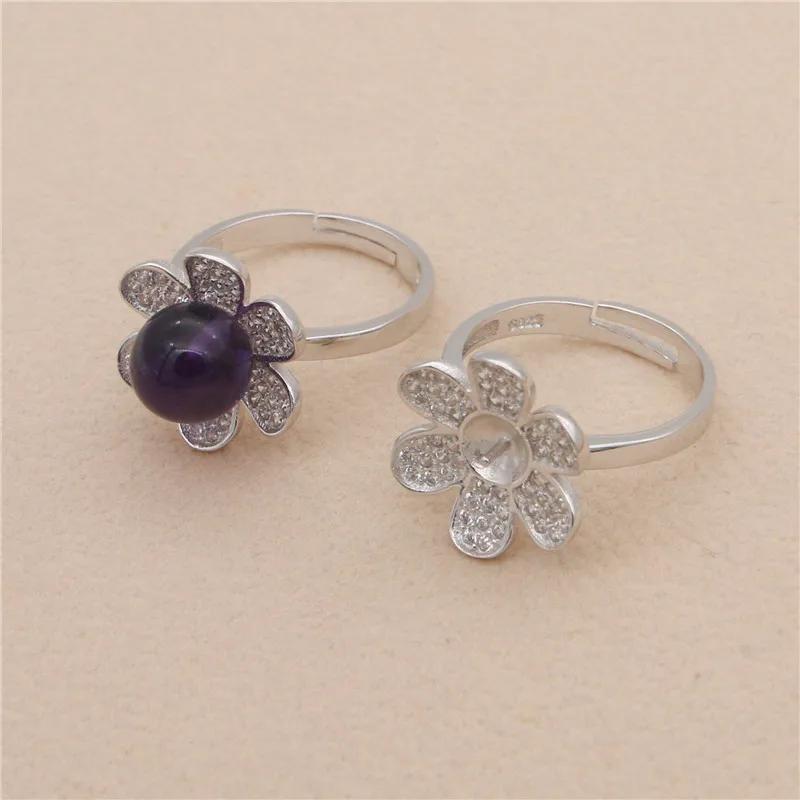 Adjustable 925 Sterling Silver Ring Base Setting Platinum Plated With Cubic Zirconia 16.5mmTray 5mm For Half Drilled Beads Gift