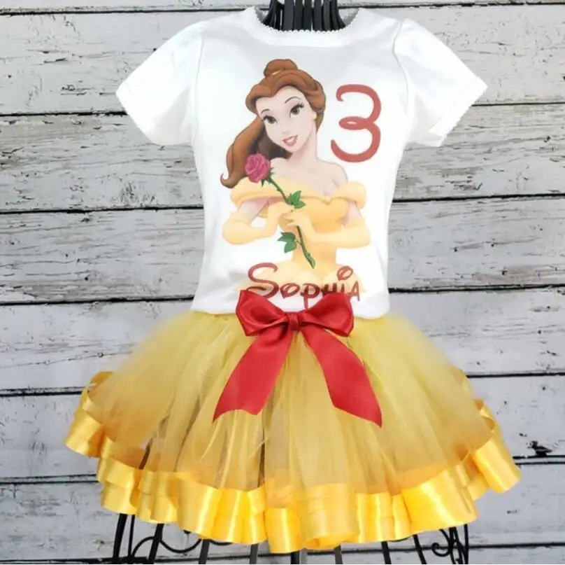 Custom any cartoon Beauty Princess Ribbon Tutu Set Birthday, Belle first birthday t shirt outfit set, Princess Belle dress