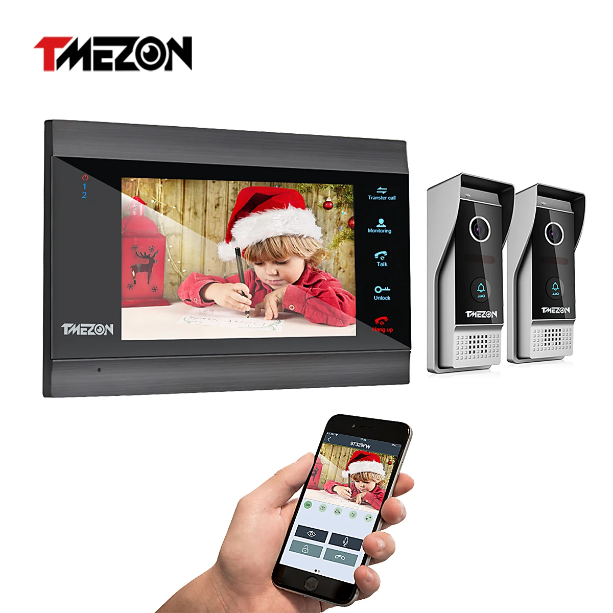 Tmezon 7 sistema de intercomunicação de campainha de vídeo ip sem fio/wifi inteligente com 1 monitor de visão noturna + 2 câmera à prova de chuva da