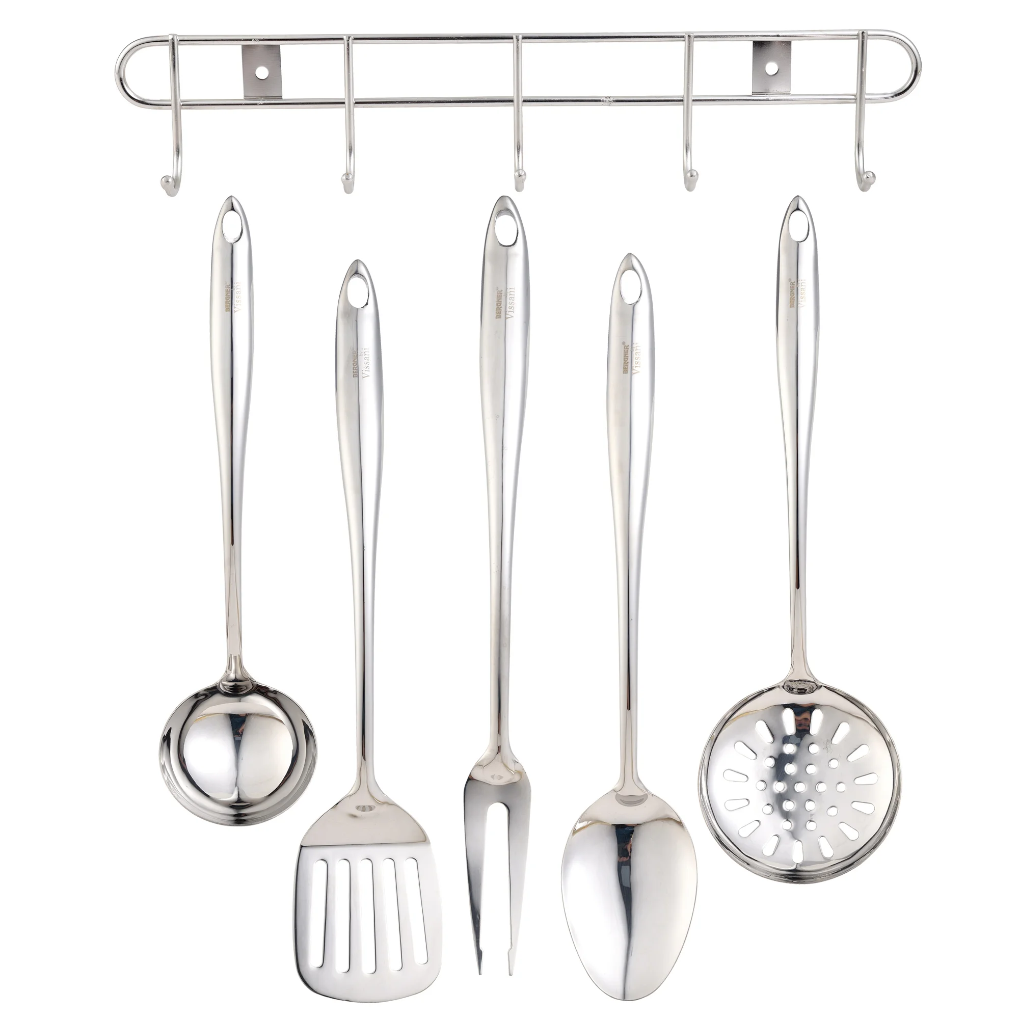 Set 6 kitchen utensils (including utensils shelf), in stainless steel, BERGNER Deluxe Collection