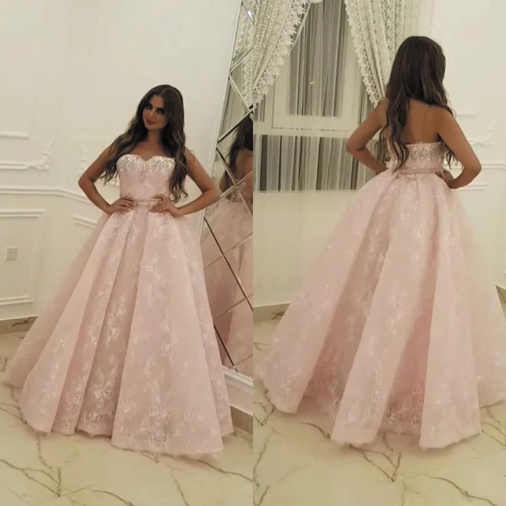 SuperKimJo Vestidos Pink Lace Prom Dresses for Women Sweetheart Neck Beaded Elegant Prom Gowns Vestido De Longo