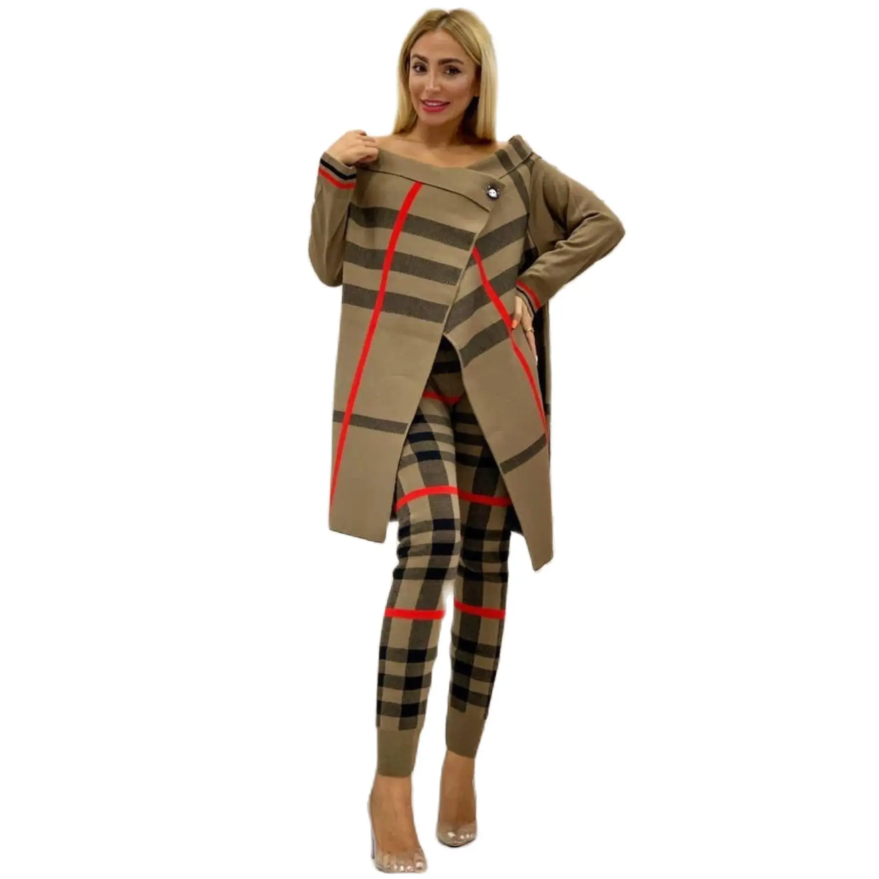 2 Pieces Women's Knitwear Buttoned Cachet Top and Pants Double Flexible Suit Set Striped Turkey Dubai 2021 Fashion Clothing Set