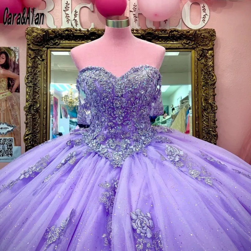 Elegant Lavender Quinceanera Dresses Appliques Crystal Sweet 15 Prom Pageant Gowns Long Sleeves Vestidos de xv años