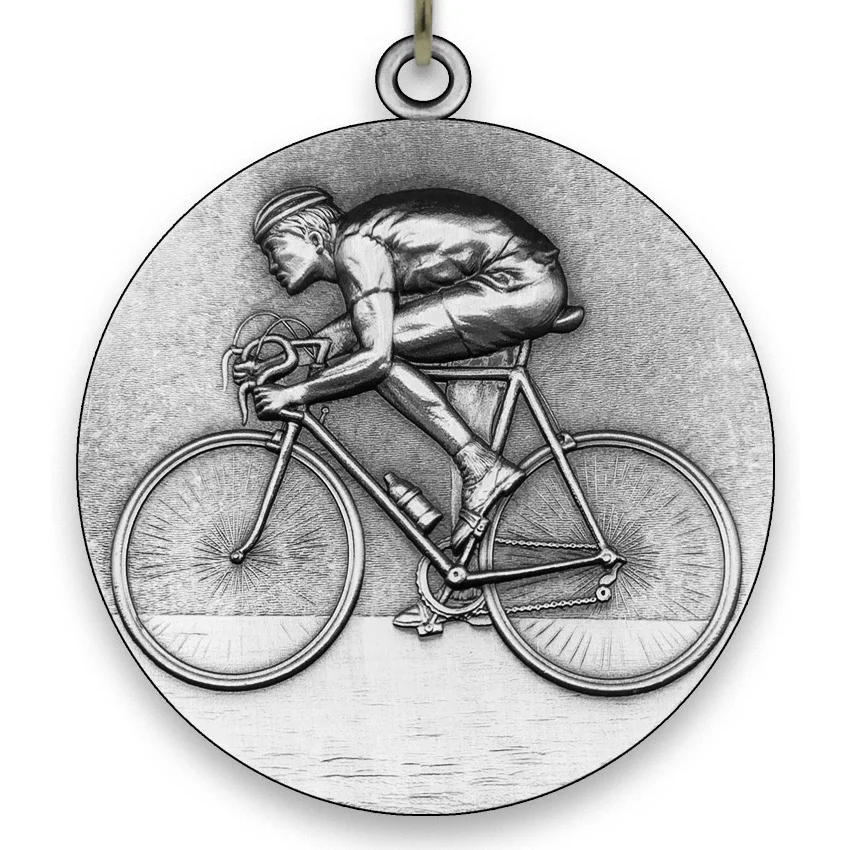 Large Metal Cycling Silver Medal - 6,4 cm - with Neck Ribbon size 2,2cm x 80 cm -  Choice of Ribbon Colours.